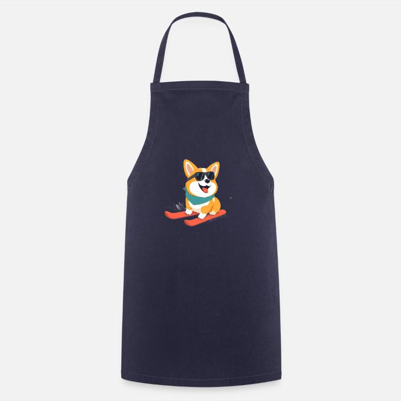 Cute Corgi Skiing - Cooking Apron - navy