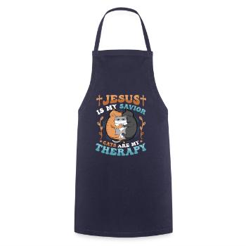 Jesus is my Savior, cats are my therapy. - Cooking Apron - navy - Front - AI Model Male 185 dark (185cm)