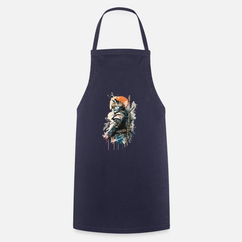 Cat Samurai Wearing Uniform - Cooking Apron - navy