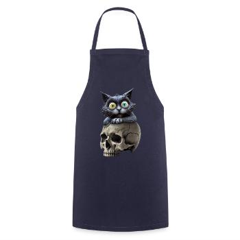 Eine mysteriöse Katze, stattlich auf einem Totenkopf sitzend - Kochschürze - Navy - Vorne - AI Model Male 185 dark (185cm)