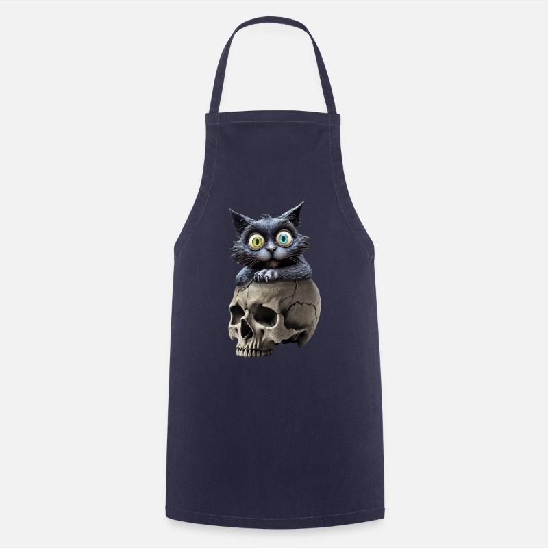 A mysterious cat, stately seated on a skull - Cooking Apron - navy