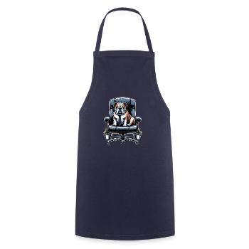 Bulldogge auf Chefsessel - Kochschürze - Navy - Vorne - AI Model Male 185 dark (185cm)