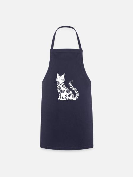 weisse Katze mit Blumenmuster - Kochschürze - Navy