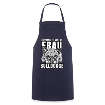 NEVER UNDERESTIMATE A WOMAN with Bulldog Dog DOG - Cooking Apron - navy - Front - AI Model Male 185 dark (185cm)