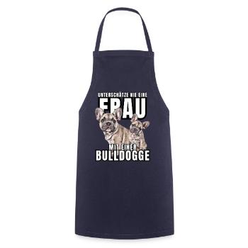 NEVER UNDERESTIMATE A WOMAN with Bulldog Dog DOG - Cooking Apron - navy - Front - AI Model Male 185 dark (185cm)