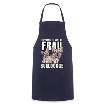 NEVER UNDERESTIMATE A WOMAN with Bulldog Dog DOG - Cooking Apron - navy - Front - AI Model Male 185 dark (185cm)