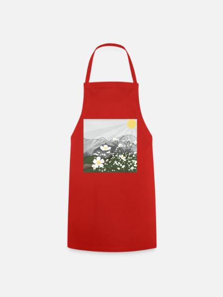 Weiße Blumen-Wiese vor Bergpanorama im Frühling - Kochschürze - Rot