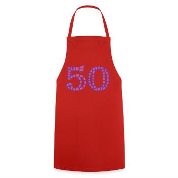 50. 50 YEARS. 50th ANNIVERSARY. 50 YEARS ANNIVERSARY. - Cooking Apron - red - Front - AI Model Male 185 dark (185cm)