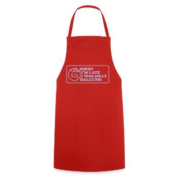 Sorry I'm Late – Funny Retro Sign - Cooking Apron - red - Front - AI Model Male 185 dark (185cm)