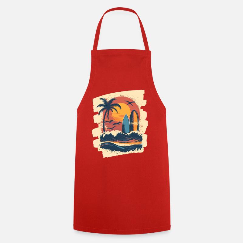 Beach Palm Trees Sunset Surfer Summer - Cooking Apron - red