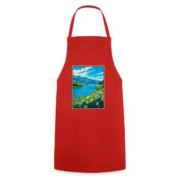Azurblauer Lake Vista mit Wildblumen - Kochschürze - Rot - Vorne - AI Model Male 185 dark (185cm)