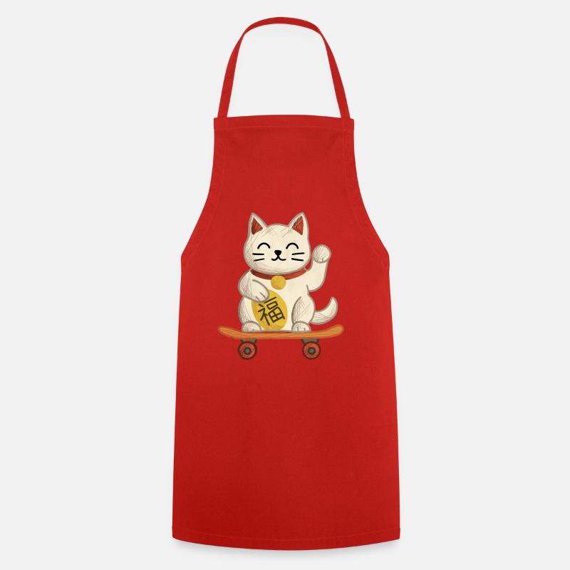 Maneki-neko Chat Planche à roulettes - Tablier de cuisine - rouge