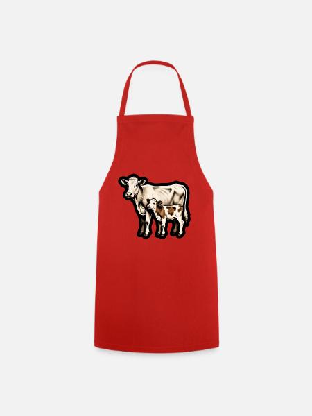 Mutterkuh mit Kalb – Retro Tierillustration - Kochschürze - Rot