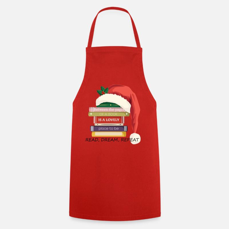 Book Stack with Christmas hat - Cooking Apron - red