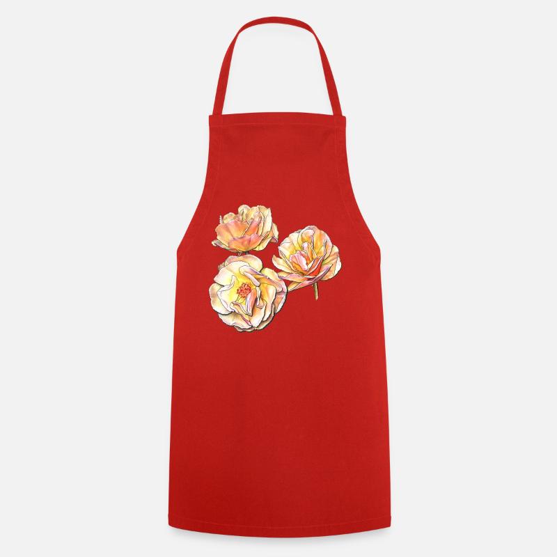 Three Yellow Pink Rose Blossoms Colour Pencil Draw - Cooking Apron - red