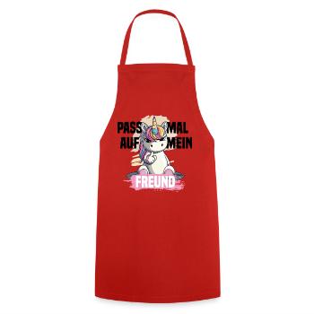 Naughty Unicorn – Watch out, my friend! - Cooking Apron - red - Front - AI Model Male 185 dark (185cm)
