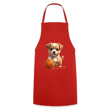 Cuddly dog with yarn ball - Cooking Apron - red - Front - AI Model Male 185 dark (185cm)