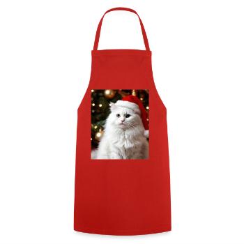 White cat with Santa hat, Christmassy - Cooking Apron - red - Front - AI Model Male 185 dark (185cm)