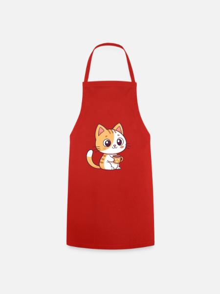 Süße Katze mit Teeherztasse - Kochschürze - Rot