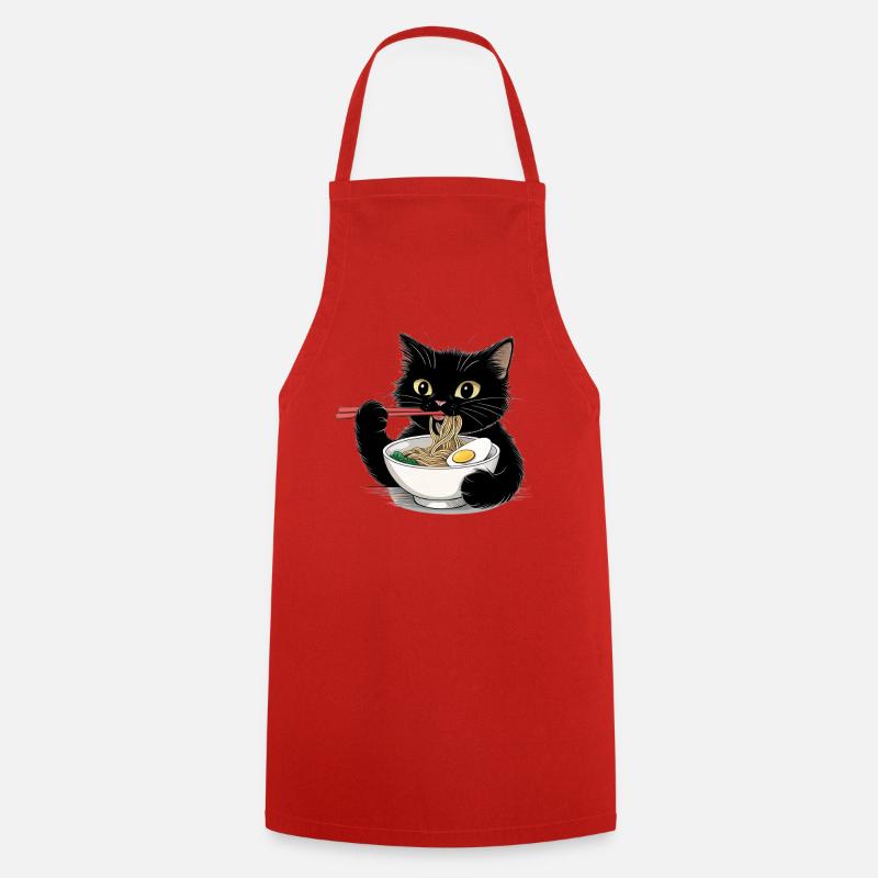 Chat noir mangeant des nouilles ramen - Tablier de cuisine - rouge