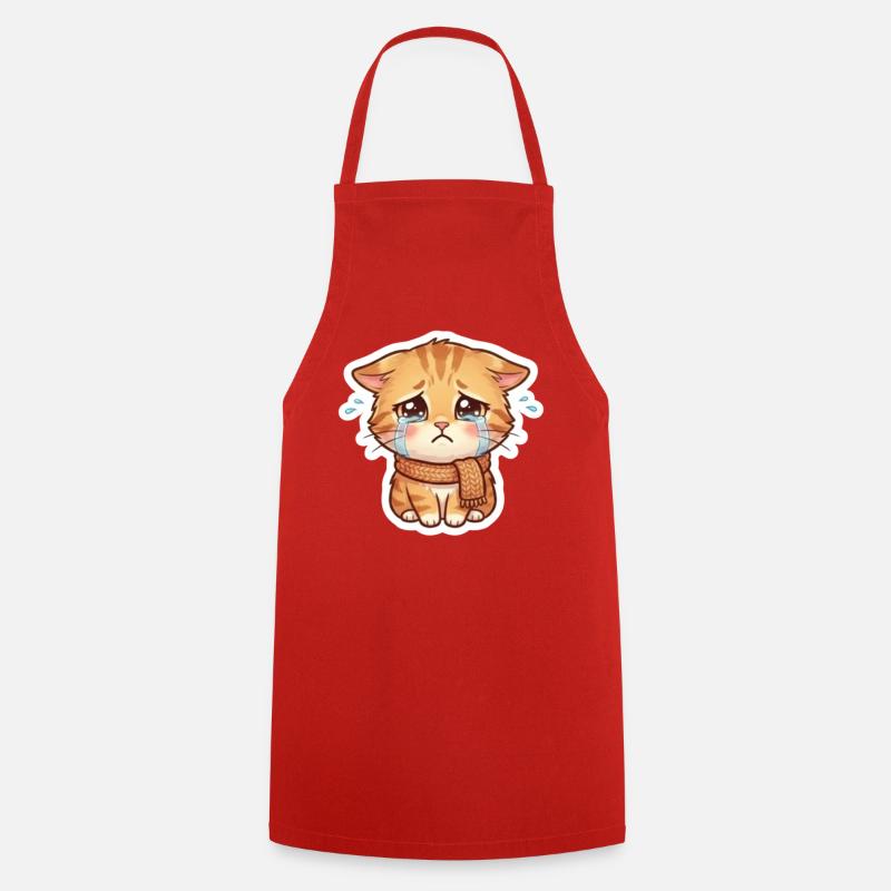 Crying Kitten with Scarf - Cooking Apron - red