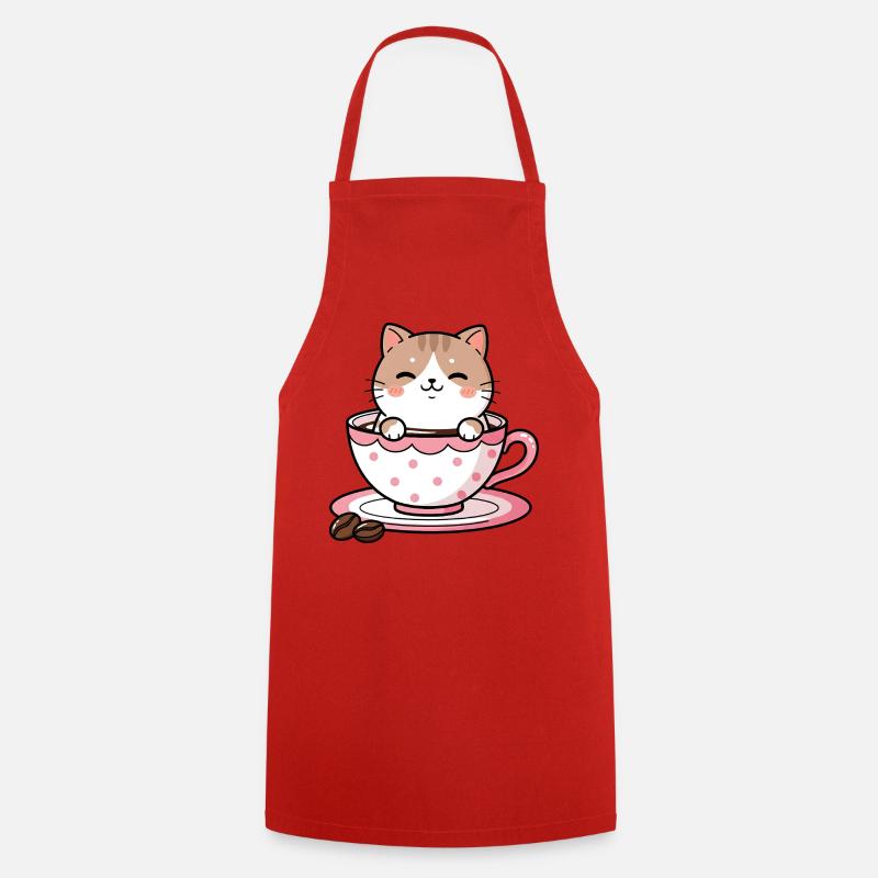 Cozy Cat in Pink Teacup - Cooking Apron - red