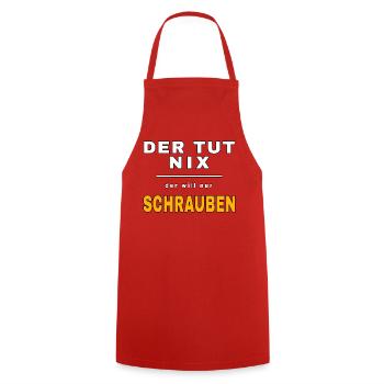 He doesn't do anything, he just wants to screw – Werkstatt Fun - Cooking Apron - red - Front - AI Model Male 185 dark (185cm)