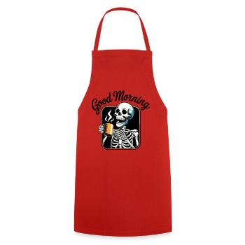 Kaffee-Skelett mit dampfender Tasse - Kochschürze - Rot - Vorne - AI Model Male 185 dark (185cm)