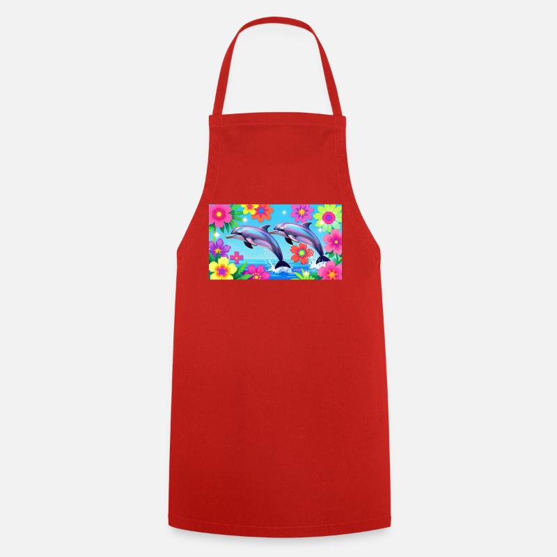 Neon Dolphin Duo Among Tropical Blooms - Cooking Apron - red