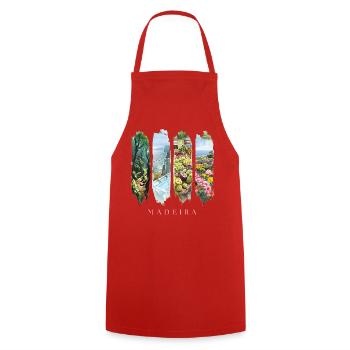 Madeira Urlaub Travel – Dschungel & Blüten Motiv - Kochschürze - Rot - Vorne - AI Model Male 185 dark (185cm)