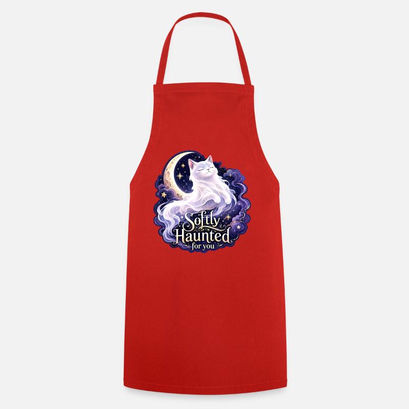 Softly Haunted White Moon Cat Gothic Celestial - Cooking Apron - red
