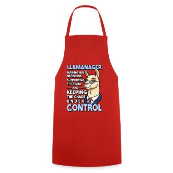 Llamanager Chef Schäff | Teamleiter | Manager CEO - Kochschürze - Rot - Vorne - AI Model Male 185 dark (185cm)