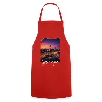Groningen Abendmotive Skyline - Kochschürze - Rot - Vorne - AI Model Male 185 dark (185cm)