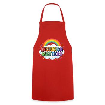 Inclusion is important – Special education – Freundli - Cooking Apron - red - Front - AI Model Male 185 dark (185cm)