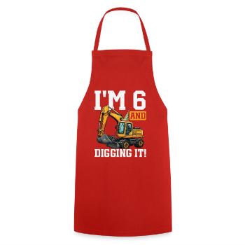 6 Years Old And Digs Excavator Birthday Design - Cooking Apron - red - Front - AI Model Male 185 dark (185cm)