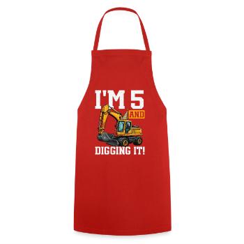 5 Years Old And Digs Excavator Birthday Design - Cooking Apron - red - Front - AI Model Male 185 dark (185cm)