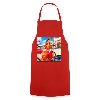 Polka-Punkt-Pinup im roten Kleid - Kochschürze - Rot - Vorne - AI Model Male 185 dark (185cm)