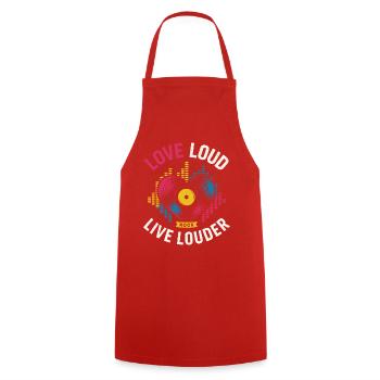 Love Loud Live Louder – Rock & Vinyl Liebe - Kochschürze - Rot - Vorne - AI Model Male 185 dark (185cm)