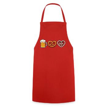 Bier Brezel & Lebkuchenherz –  Volksfest Motiv - Kochschürze - Rot - Vorne - AI Model Male 185 dark (185cm)