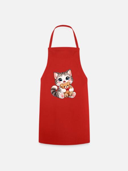 Kawaii-Katze mit Teddybär - Kochschürze - Rot