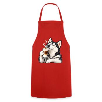 Husky mit Latte Macchiato – Kaffeepause - Kochschürze - Rot - Vorne - AI Model Male 185 dark (185cm)