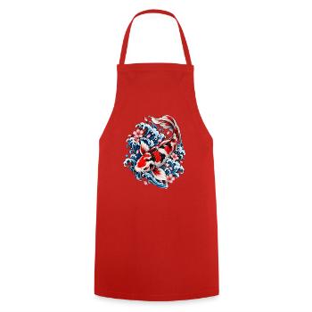 Japanische Koi zwischen Wellen und Blumen - Kochschürze - Rot - Vorne - AI Model Male 185 dark (185cm)