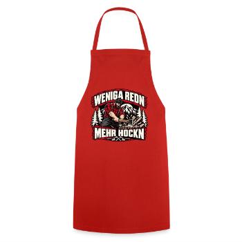 Weniga redn - mehr hockn - cooles Holzfäller Motiv - Kochschürze - Rot - Vorne - AI Model Male 185 dark (185cm)