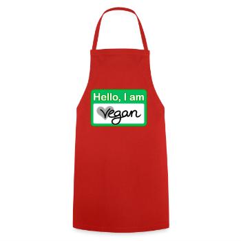Hello, I am vegan Namensschild - Kochschürze - Rot - Vorne - AI Model Male 185 dark (185cm)