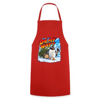 Bin unterwegs! Gentoo-Pinguin - Kochschürze - Rot - Vorne - AI Model Male 185 dark (185cm)