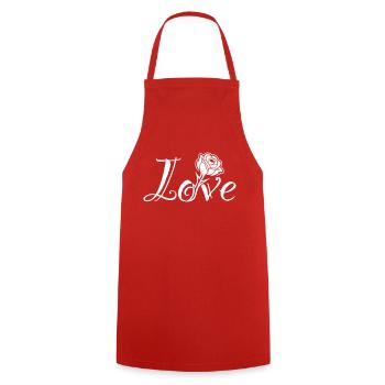 Liebesblüten: Typografie mit eingebauter Rose - Kochschürze - Rot - Vorne - AI Model Male 185 dark (185cm)