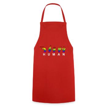 Show your PRIDE. HUMAN - RESPECT - Show of hands - Cooking Apron - red - Front - AI Model Male 185 dark (185cm)