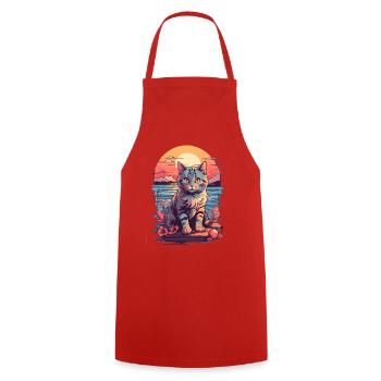 Katzen Motiv Süß, Sonnenuntergangskatze am Meer - Kochschürze - Rot - Vorne - AI Model Male 185 dark (185cm)