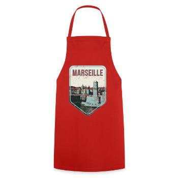 Badge retro, Marseille France est ma ville natale - Tablier de cuisine - rouge - Devant - AI Model Male 185 dark (185cm)