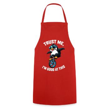 Cooler Pinguin auf Einrad mit Spruch - Kochschürze - Rot - Vorne - AI Model Male 185 dark (185cm)